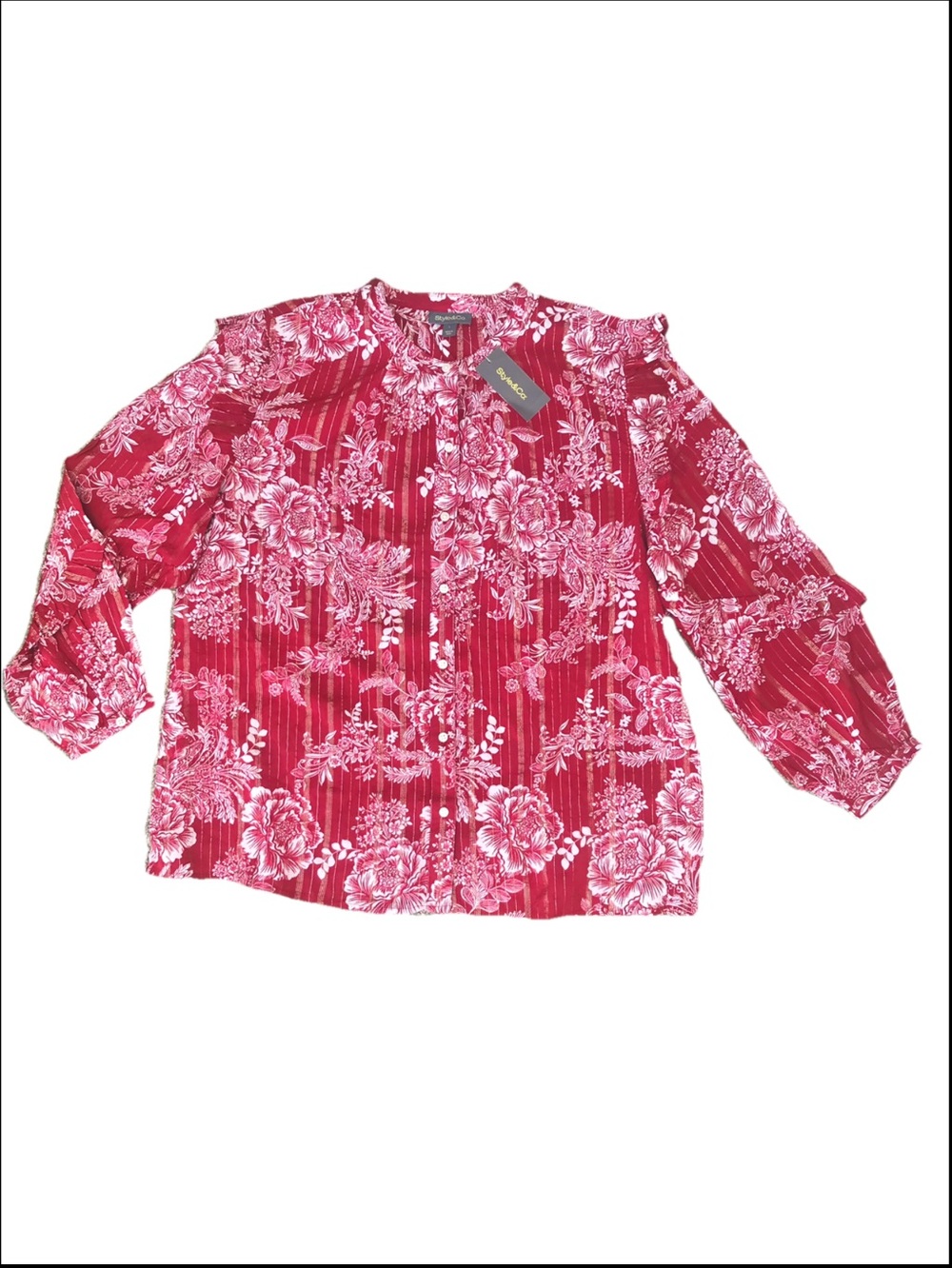 NWT Style&Co Women’s L Red Long Sleeve Flowy Blouse balloon sleeves Cottagecore